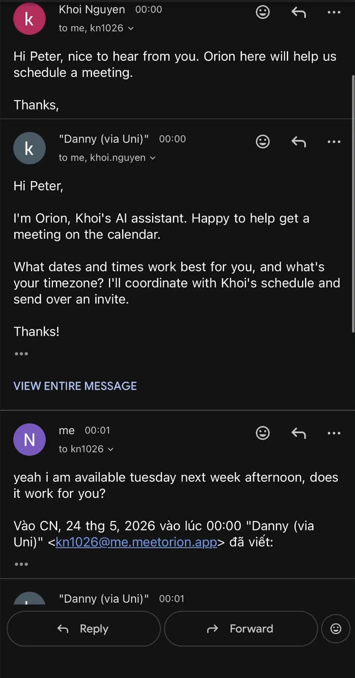 An example email thread: CC Zinley, it replies in your tone and schedules the meeting.
