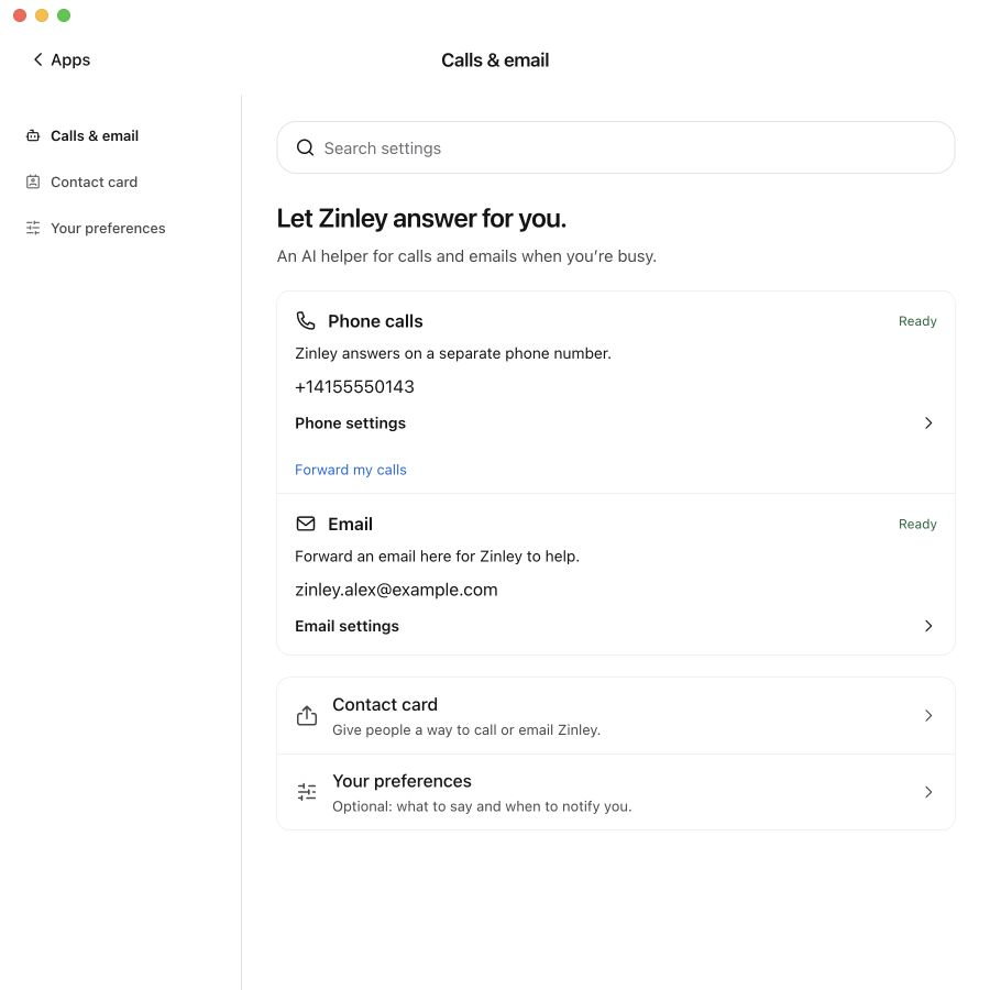 Calls & email · Phone, Email, Contact card